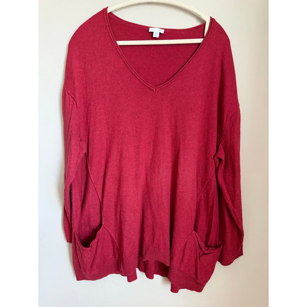 J.Jill Poppy Red VNeck Pullover Sweater with Pockets Size 2X 3/4 Sleeves Cotton